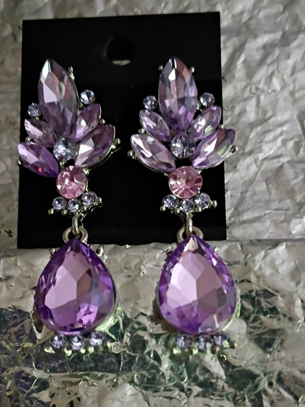 Purple Crystal Teardrop Dangle Earrings